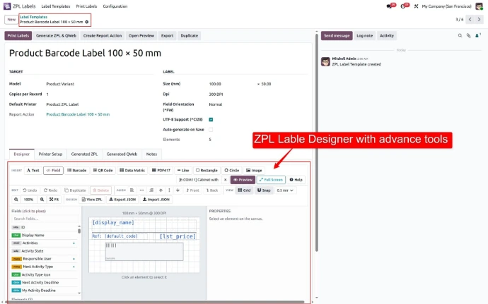Drag-and-drop ZPL label canvas with live preview panel