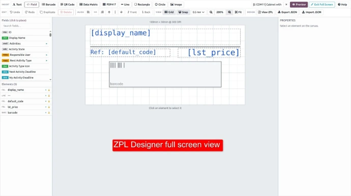 Selecting an Odoo model and browsing its fields in the ZPL designer
